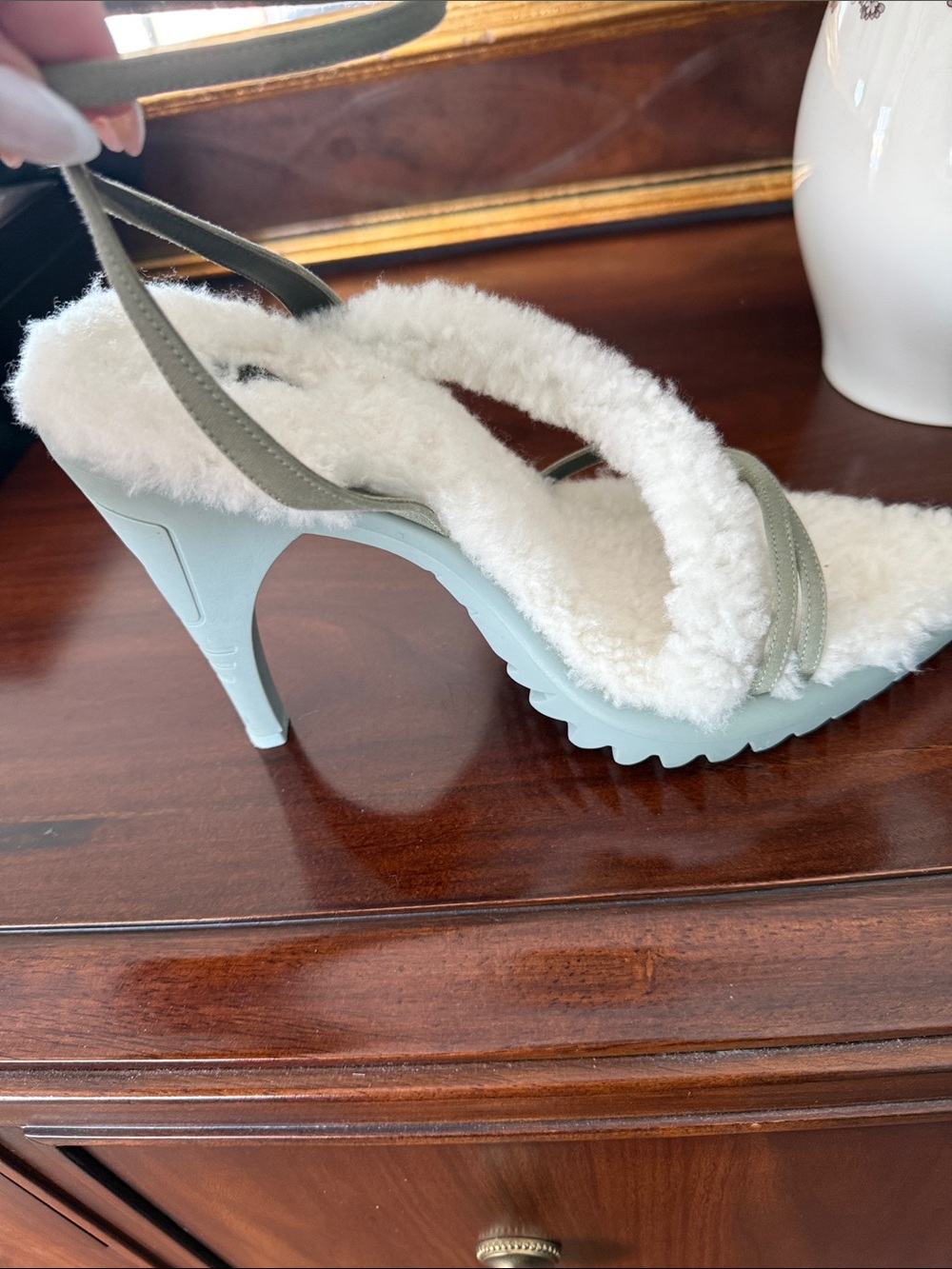 Off-White Pale Blue Shearling Strap Heeled Sandals